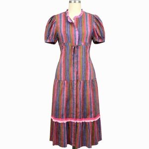 Marie by Victoria Dunn Peasant Maxi Dress Sz L Pink Striped Lined‎ Tiered NWT